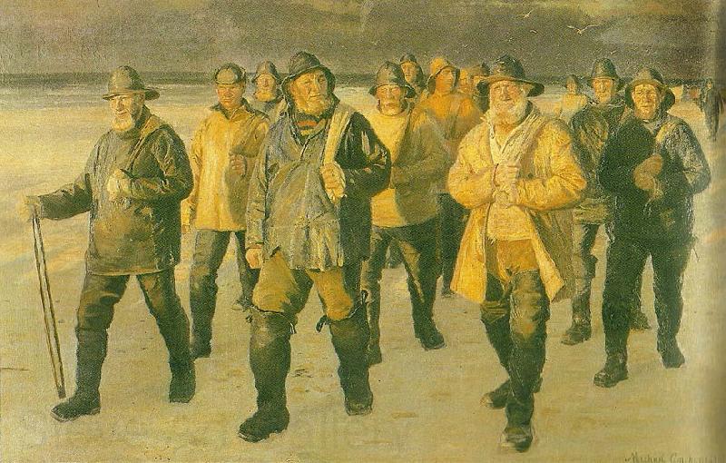 Michael Ancher fiskere vender hjem fra nordstranden i aftensol